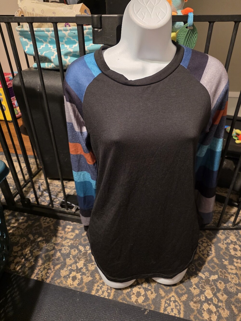 Striped Sleeve Raglan Top - Black and Blue